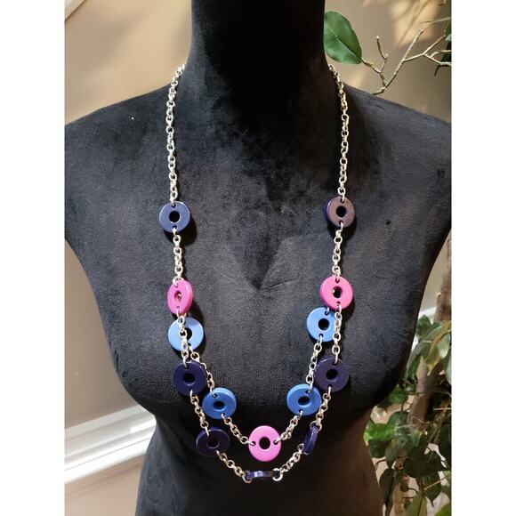 Women's Multicolor Circle Link Necklace Pink Blue Purple Acrylic Lobster Clasp - Picture 2 of 6